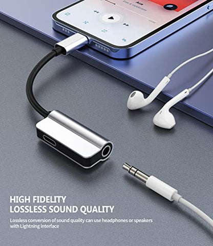 Aux to Lightning Adapter 3.5mm Jack Headphone Splitter 2in1 for iPhone 14 13 12 Pro Max Audio Cable Charger Adaptor Connector for Apple Wired Earphone Converter Dual Accessories for iPad Phone Dongle