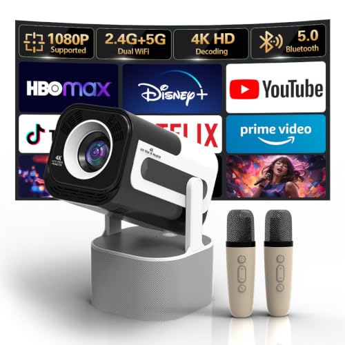 Projector with WiFi and Bluetooth, 1080P Projector for Bedroom | 180° Rotatable Smart Projector, 2 Wireless Microphones Included, Compatible with HDMI, USB, iOS, Android, Windows, TV Stick