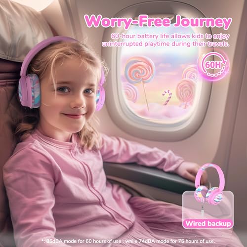 iClever BTH22 Kids Bluetooth Headphones for Toddler Travel, 60H Play Time | SafeSound Tech3.0, Stereo Sound, USB C Fast Charging, AUX Cable, Kids Wireless Headphones for Girls/Boys/Tablet/PC/School - color: Pink-Stripe