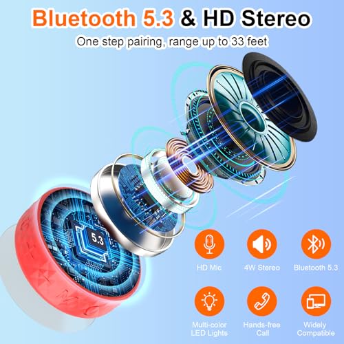 Bluetooth Shower Speaker, Portable Wireless Speaker Suction Cup, Bluetooth Speaker with RGB Lights, 360° HD Sound Sound Support TF Card Shower Radio for Outdoor/Travel/Gifts/Gym (Red)