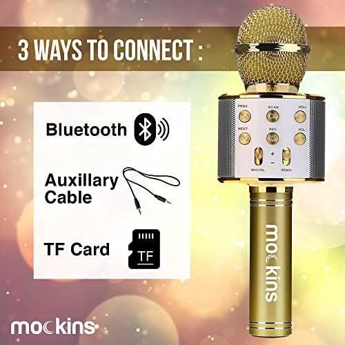 Mockins Gold Bluetooth Karaoke Microphone for Kids with Built in Bluetooth Microphone Wireless Speaker | Wireless Mic Karaoke Compatible with iPhone & Android | All-in-One Mic - color: Gold