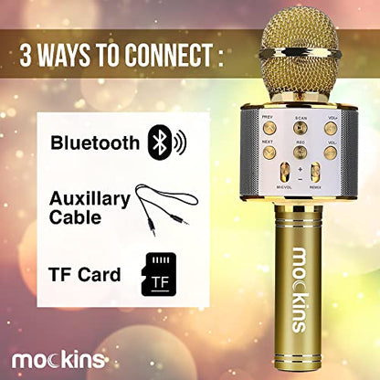 Mockins Gold Bluetooth Karaoke Microphone for Kids with Built in Bluetooth Microphone Wireless Speaker | Wireless Mic Karaoke Compatible with iPhone & Android | All-in-One Mic - color: Gold