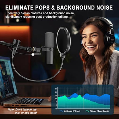 LINCO Microphone Pop Filter Shield with O Clamp for Blue Yeti PF1501 | Dual-layered pop screen, 360° gooseneck, sturdy clamp, fits most mics; ideal for studio & live streaming