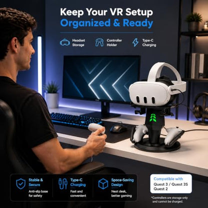 VR Charging Dock for Meta Quest 3, Quest 3S, Quest 2, VR Accessories | VR Headset Stand, Type-C Charger, Stable Anti-Slip Base, Space Saving Design