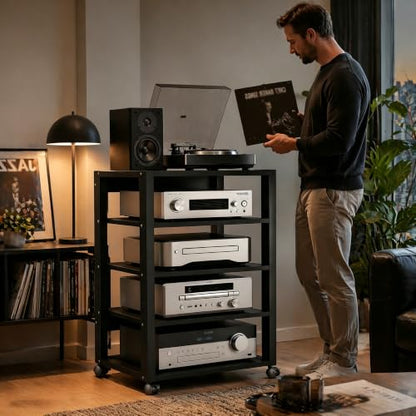 5 Tier Audio Rack Tower, CD Record Player Stereo Receiver AV Equipment Cabinet Display Rack, Weight Capacity 661 lbs, with Adjustable Wooden Shelves for Home (5 Tier Black) - size: 5 Tier Black