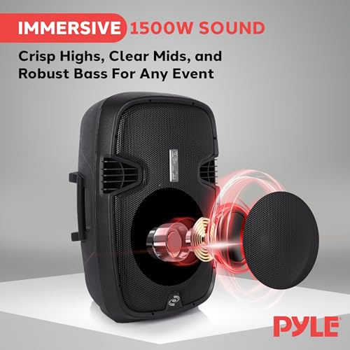 Pyle PPHP155ST Wireless Portable PA Speaker System - 1500W High Powered Bluetooth Compatible Active Outdoor Sound Speakers w/ USB SD MP3 RCA - 35mm Mount, Stand, Microphone, Power Cable, Black, 15"