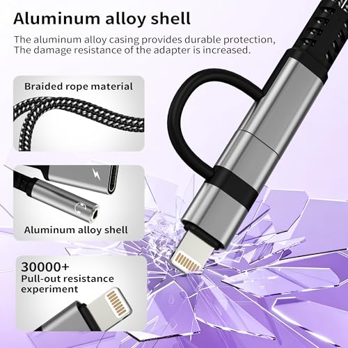 3.5mm to USB C Adapter(2in2) for iPhone 17 16 15 14 13 Lightning to Aux Audio Headphone Jack Cable Splitter Dongle Charger Cord Car Charging for Ipad Dual Lighting DAC Compatible for Samsung