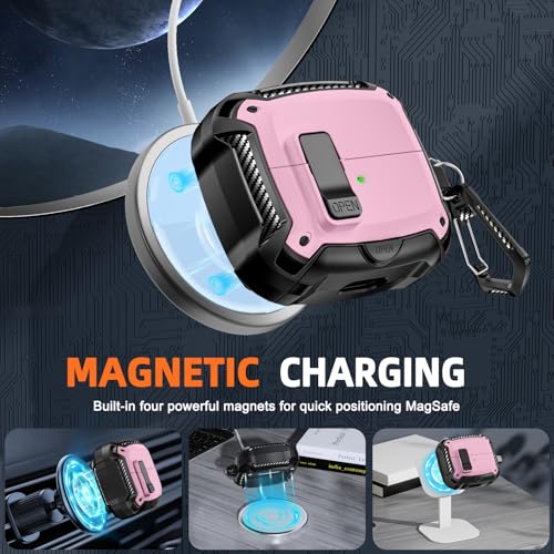 Safety Lock Case for Samsung Galaxy Buds3 FE/Pro/3 (Purple) | Compatible with MagSafe, with Phone Stand& Cleaning kit,Keychain, - color: Pink