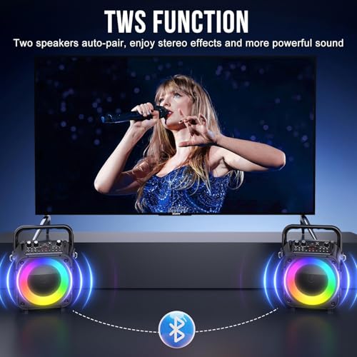 Karaoke Machine, Portable Bluetooth Speaker with 2 Wireless Mics for Adults & Kids with LED Lights, Bass/Treble Adjustment, PA System Supports USB/TF/FM/AUX/TWS for Party Home System Packages