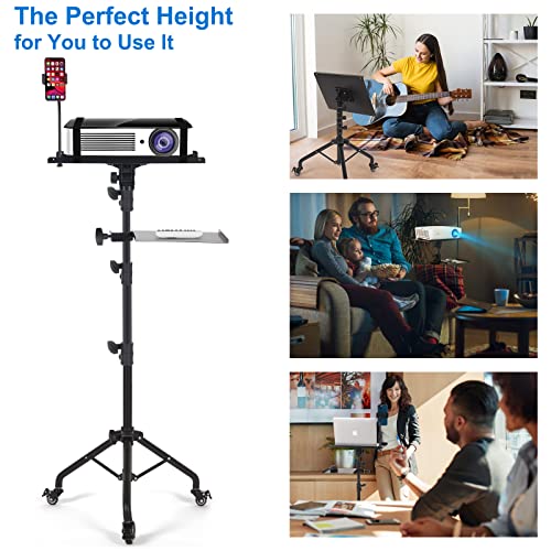 Tossbiss Laptop Tripod on Wheels with 2 Shelves | Portable Projector Floor Stand Adjustable Height 25.9 to 51.8 Inch with Phone Holder, Projector Stand