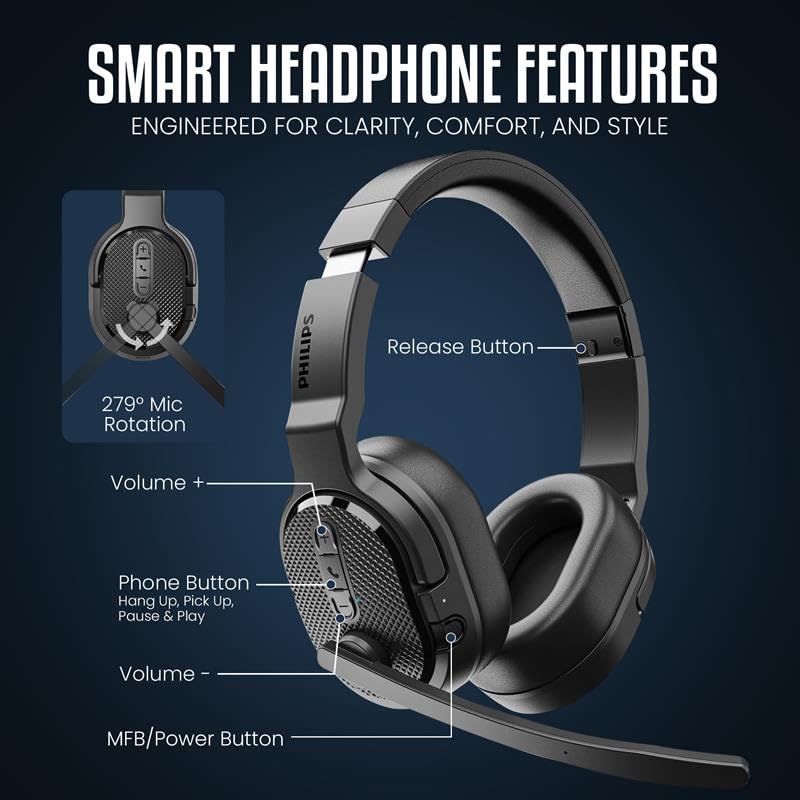PHILIPS Trucker Bluetooth Headset, Wireless Headset with Noise-Canceling Microphone, 2-in-One Convertible Mono & Stereo Design Headphones, All Day Extended Playtime for Work, Home, Hands-Free Driving - color: Black