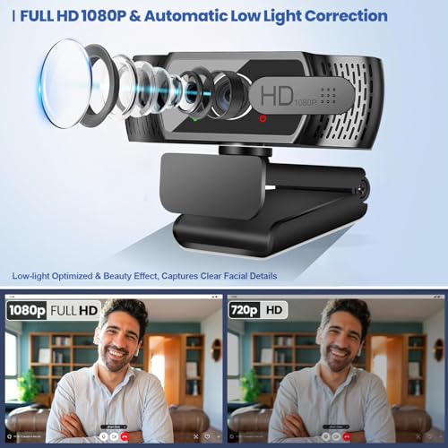 Webcam with Microphone for Desktop,1080P HD USB Webcam Live Streaming Laptop PC Computer Web Camera for Video Calling Conferencing Recording Gaming, AutoFocus 3D Noise Reduction