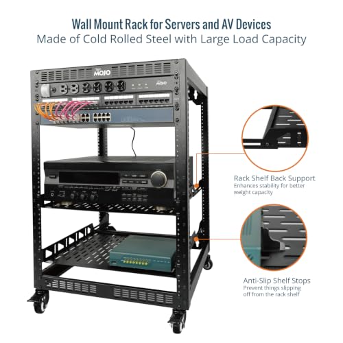 TECMOJO 16U Open Frame Network Rack for IT &AV Gear, AV Rack 4-Post with casters, Mobile 16U Rack with 2 PCS 1U Server Rack Shelf & Mounting Hardware, for 19" Network,Audio and Video Device - size: 16U with Casters
