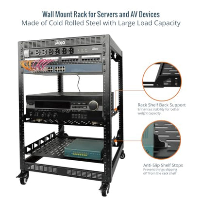 TECMOJO 16U Open Frame Network Rack for IT &AV Gear, AV Rack 4-Post with casters, Mobile 16U Rack with 2 PCS 1U Server Rack Shelf & Mounting Hardware, for 19" Network,Audio and Video Device - size: 16U with Casters