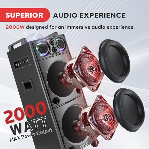 Portable Bluetooth PA Speaker System - 2000W Active Powered Outdoor Bluetooth Speaker Portable PA System w/Microphone in, Party Lights, USB SD Card Reader, AUX/RCA/FM Radio, Wheels - Pyle PSUFM1043BT - color: Charcoal