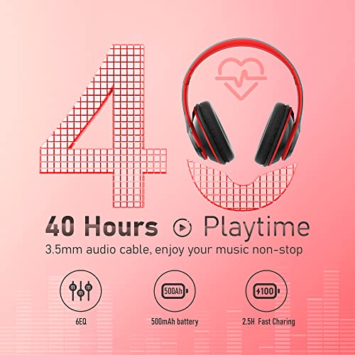 Bluetooth Headphones Over Ear, 6S Foldable Wireless Headphones with 6 EQ Modes, 40 Hours Playtime HiFi Stereo Headset with Mic, Soft Ear Pads, TF/FM for Cellphone/PC/Home (Red) - color: Red