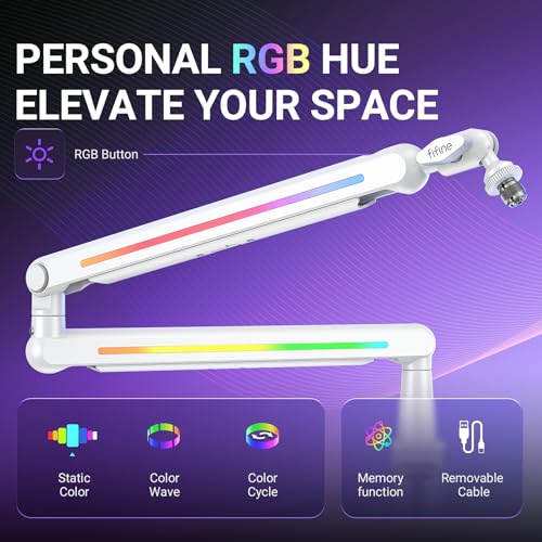 FIFINE BM88ProW RGB Low Profile Microphone Boom Arm for Gaming Streaming | Rotatable Desk Mount Mic Stand, Cable Management, RGB Control for Podcast, - color: white