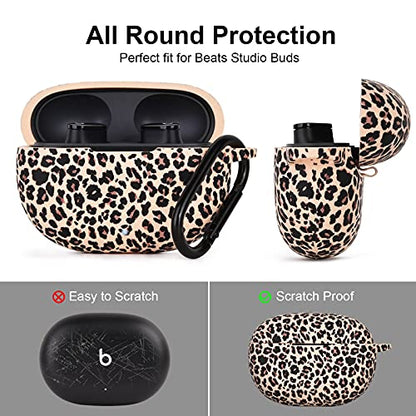 AIRSPO Case for Beats Studio Buds/Beats Studio Buds Plus Case Cover 2021/2023 Silicone Floral Printed Protective Beats Studio Buds Earbuds Headphones Case Cover Skin with Keychain (Khaki/Leopard) - color: Khaki Leopard