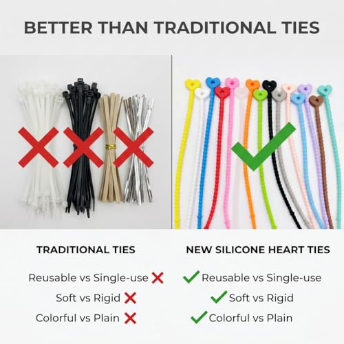 10Pcs Heart Silicone Cable Ties, Reusable Adjustable Cord Straps - color: 10pcs- Heart Cable Ties