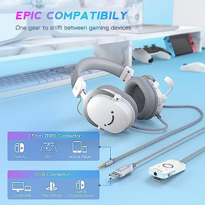 FIFINE USB PC Gaming Headset with 3.5mm Audio Jack, Detachable Microphone, 7.1 Surround Sound, Volume Control, Streaming Over-Ear Wired Headphones for Computer, PS5, Controller, Xbox-H9 White | 50mm Drivers, Crisp 7.1 Surround Sound, 3.5mm/USB Dual Connec