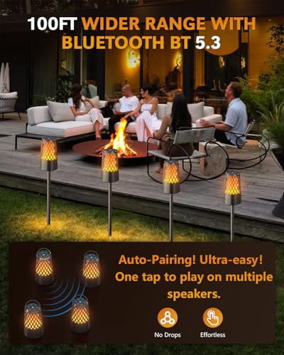 Outdoor Speakers Bluetooth 5.3 with Flame Light,Up to 100-speaker Sync,IPX6 | Waterproof, Wireless Auto-Pairing, HD Stereo Sound Atmosphere Lantern for Party Patio Porch Pool Camp Backyard, Gift for Men