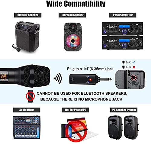 Wireless Microphone, K380S Dual Cordless Metal Dynamic Mic System with Rechargeable Receiver, for Karaoke Singing, Wedding, Party, Speech, Church, Meeting