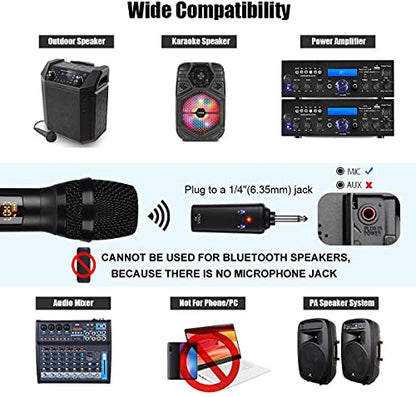 Wireless Microphone, K380S Dual Cordless Metal Dynamic Mic System with Rechargeable Receiver, for Karaoke Singing, Wedding, Party, Speech, Church, Meeting