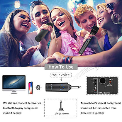 K380A Wireless Microphones - Dual UHF Handheld Cordless Mics with Rechargeable Bluetooth Receiver - Karaoke/Speech/Church (Elegant Black)