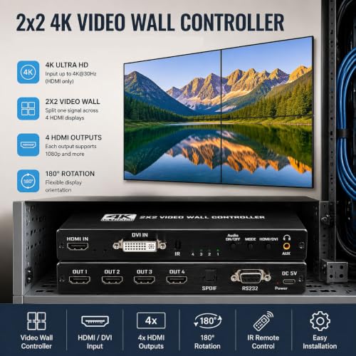 2x2 4k Video Wall Controller, Transform 4 TV Screens into a Single Wall Display with HDMI & DVI 4K Input, 180° Rotation, Audio Output, IR Remote/RS232/Button Press Control