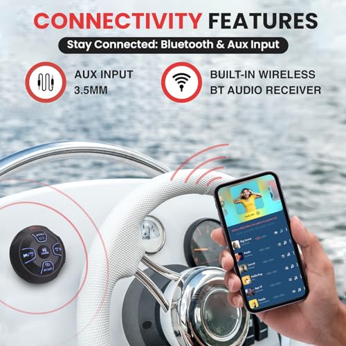 Marine Bluetooth Receiver Microphone Kit - Waterproof Audio Entertainment System Set w/ 2-Channel Wireless BT Controller, Handheld Broadcasting Mic - Car, Truck, ATV, UTV, 4x4, Boat