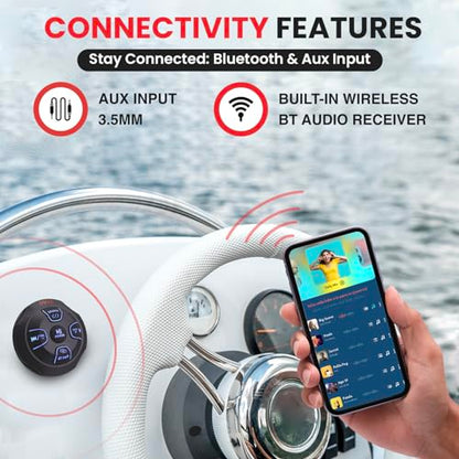 Marine Bluetooth Receiver Microphone Kit - Waterproof Audio Entertainment System Set w/ 2-Channel Wireless BT Controller, Handheld Broadcasting Mic - Car, Truck, ATV, UTV, 4x4, Boat