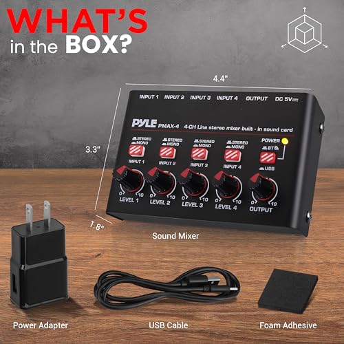 Pyle 4-Channel Bluetooth Mini Line Mixer with USB Audio Interface - 4 Mono/Stereo Switching Inputs | Ultra-low Noise Design with High Headroom | Built-in USB-C Sound Card - PMAX4 - size: 4 Channel