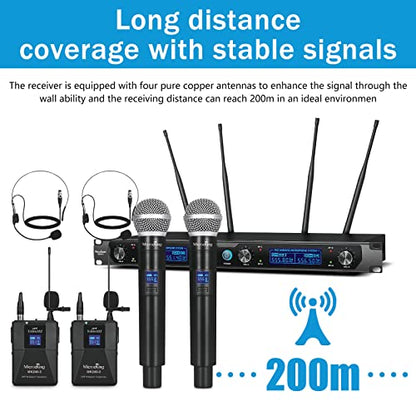 MicrocKing UHF Wireless Microphone System, 2 Handheld/2 Lavalier, Metal | UHF Cordless Mic Set Ideal for karaoke, party, wedding & concert. 2 handheld mics, 2 lav bodypacks, fixed freq, long range. - style: 2 Bodypack mics+2 Handheld mics