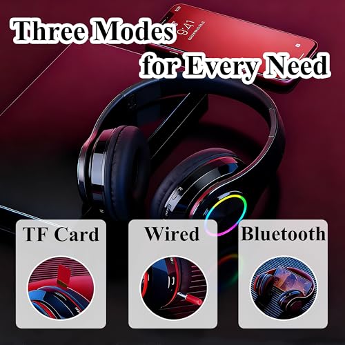 Wireless Over-Ear Bluetooth Headphones, LED Lights, Built-in Mic, Black | Bluetooth 5.0 low latency, 40mm driver HIFI stereo Foldable lightweight soft earcups, for gaming travel office home gift - color: All Black