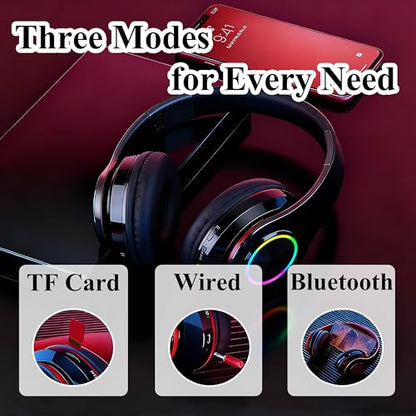Wireless Over-Ear Bluetooth Headphones, LED Lights, Built-in Mic, Black | Bluetooth 5.0 low latency, 40mm driver HIFI stereo Foldable lightweight soft earcups, for gaming travel office home gift - color: All Black