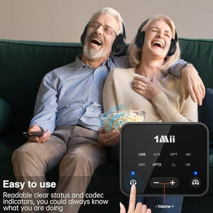 1Mii NightPair Bluetooth 5.3 Transmitter for TV to 2 Headphones/Speakers | aptX Adaptive & HD, Optical/AUX/RCA Audio Inputs, 100FT Long Range Bluetooth Adapter for Television with Volume Control