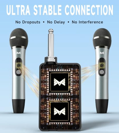 Wireless Microphones for Karaoke Machine, 2 Rechargeable Metal Dynamic Microphones with Receiver, 200FT Stable Wireless Range, 40H Battery Life, Plug and Play for PA Speaker, Amplifier, Church, Party