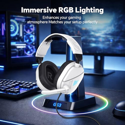 QXQ Wired Gaming Headset for PS5/PS4/PC/Switch, 3.5mm Over-Ear Headphones with Noise-Canceling Mic, RGB LED Light, Deep Bass Stereo Surround Sound, Soft Memory Foam Earpads, All-Day Comfort, White RGB - color: White