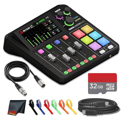 RODE RODECaster Duo Integrated Audio Production Studio | Compact Mixer with Dual USB Interface & Bluetooth | For Podcasting & Live Streaming (RCDUO) + 32GB MicroSDHC Memory Card + 10 Foot XLR + More