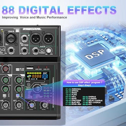 USB interface Audio 7 Channel Mixer With Effects 88 Dsp Digital DJ Mixing Board Bluetooth Music Player 48v Line For Condenser Mic Audio Mixer to PC/Phone For Karaoke Record Livestream