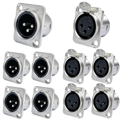 RIVIERA XLR Panel Mount Chassis 3pin Male & Female Nickel Plated Metal Housing and Silver Chrome-Plated Contacts (5 Male + 5 Female Silver) - color: Silver, size: Male+Female