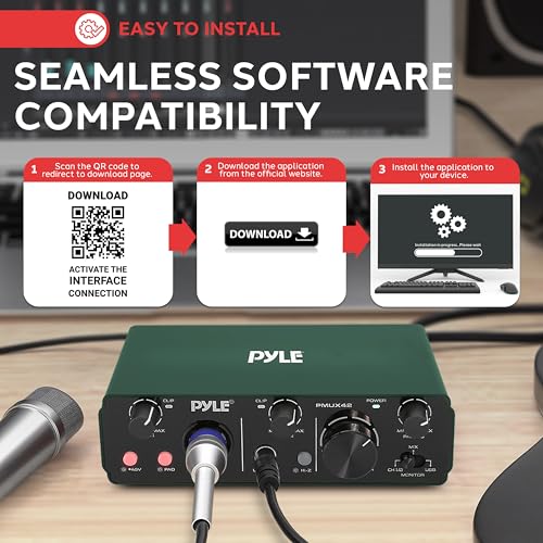 Pyle USB Audio Interface for Recording Music, Podcasting, and Streaming – 2-IN/2-OUT, 24bit/192kHz, Low-Noise, High-Fidelity Studio Quality, USB Powered, Rugged Metal Chassis, 5.9" x 4" x 1.8" - style: Interface Pro