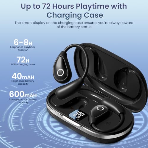 Open Ear Earbuds Wireless Bluetooth Headphones, 60Hrs Playtime, Stereo Sound Over Ear Buds with IPX7 Waterproof Noise Canceling Earphones, Ideal for Fitness, Travel - Black - color: Black