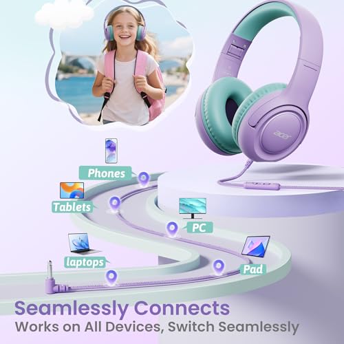 Acer Kids Headphones for School, 85-94dB Limiter, 3.5mm Jack, w/Mic HK03 | Foldable Wired Over Ear Headphones, for Toddler School/Tablet/iPad/PC/Travel, Purple-Green - color: Purple Green