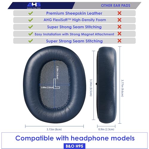 AHG Accessory House Global Upgraded Replacement Beoplay h95 Ear Pads Cushions Compatible with Bang & Olufsen Beoplay H95 Headphones (Blue). Sheepskin Leather/High-Density Foam/Strong Magnet - color: Blue
