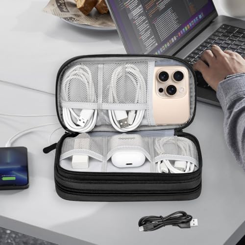 Travel Cable Organizer Pouch,Double Layers Cord Organizer Travel Case,Black | Electronic Accessories Carry Case Portable Waterproof Compact All-in-One Storage Bag for Cord,Charger,Cable Phone,Earphone - color: Black, size: S