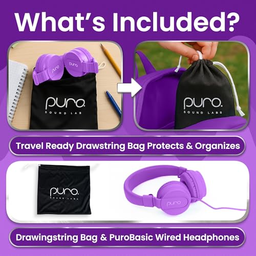 Puro Sound Labs - Kids Headphones, Volume-Limiting 85dB, PuroBasic, Purple | Adjustable, Safer & Comfortable Headphones for Kids – Compatible with PCs, Smartphones & Tablets, Ideal for School & Travel - color: Purple