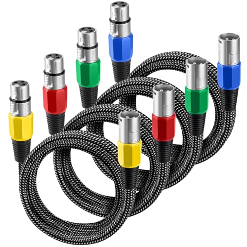 XLR 케이블 3m(10피트)/4팩, 마이크 케이블 3핀 나일론 브레이드 밸런스 XLR 수 - 암 튼튼한 마이크 패치 코드 (순수 구리 컨덕터) - size: 10피트