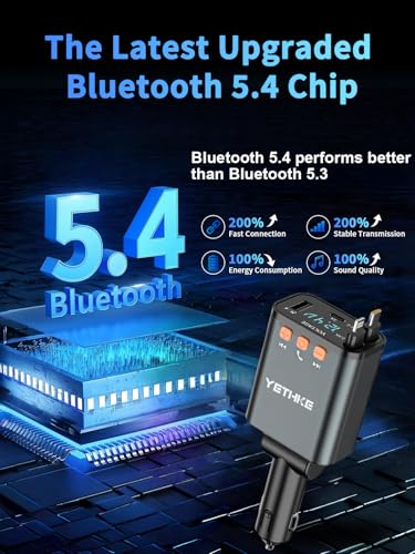 Bluetooth Car Adapter with Retractable Charger, FM Transmitter Bluetooth 5.4 for Cars, 4 in 1 Fast Car Phone Charger 69W, Handsfree Call, 2*Retractable Cable for iPhone 17/16/15/14, Galaxy-Black - color: Black