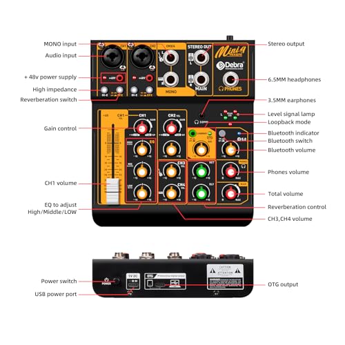 D Debra Audio Portable 4-Channel DJ Mixer, USB Bluetooth 48V Phantom Power